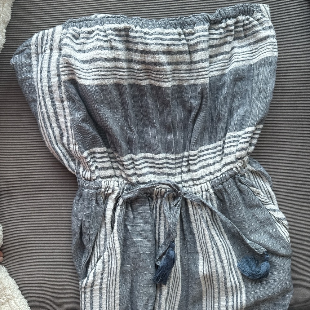 Grey and white striped linen jumpsuit